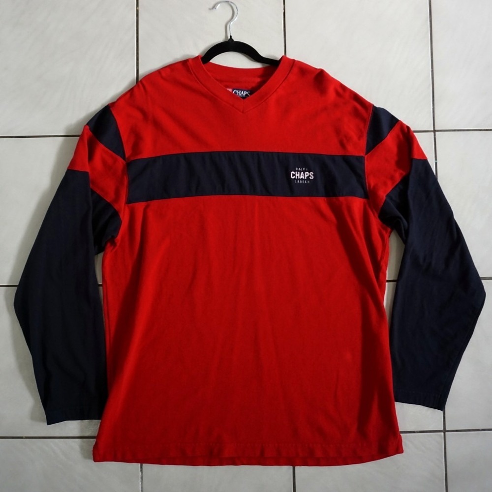 Vintage Chaps Ralph Lauren XL Colorblock Long Sleeve Shirt Red Navy 90s Y2K